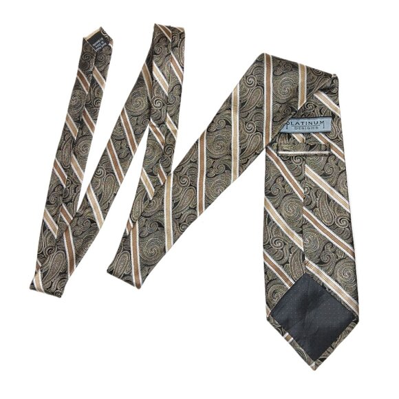 Platinum Designs Silk Tie Men’s X-Long 67.5” Black Gold Paisley Stripe Wide New - Picture 3 of 4